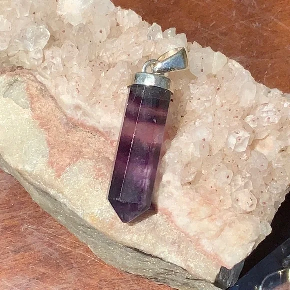 MULTI COLOR RAINBOW FLUORITE 925 STERLING SILVER POINT PENDANT - Picture 2 of 5
